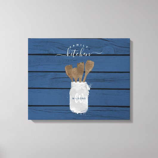 Blauw houten keukenschep in pot - familiedecoratie canvas afdruk (Voorkant)