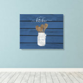 Blauw houten keukenschep in pot - familiedecoratie canvas afdruk (Insitu (Houten vloer))