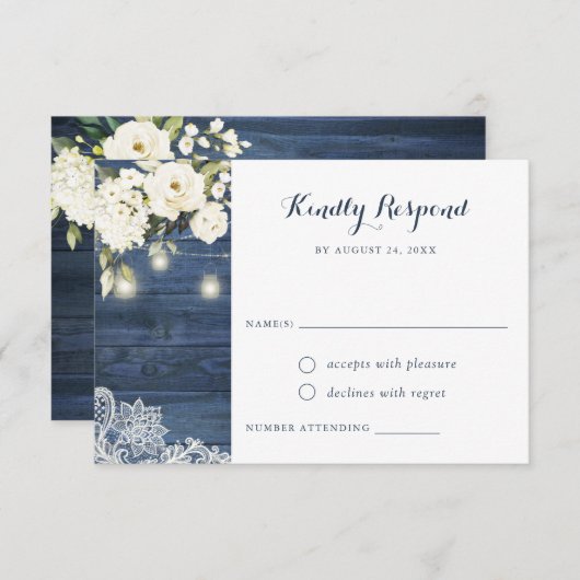 Blauw Houten Landelijke Witte Bloemen Mason Jar RS Kaart (Voorkant / Achterkant)