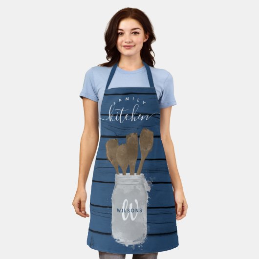 Blauw Houten Potlepel Familie Keuken  Schort (Gedragen)