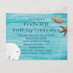 Blauw Houten Strand Schelpen Feest Uitnodiging Pos