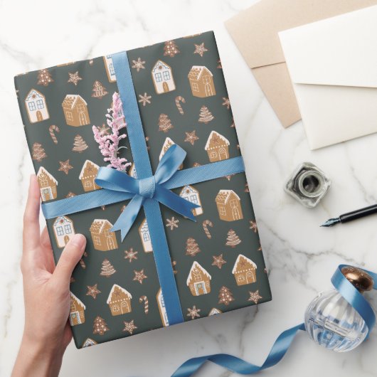 Blauw huis van peperkoek Kerstpatroon Cadeaupapier (Geschenken)