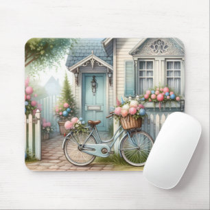 Blauw huisfiets met mand met lentebloemen muismat