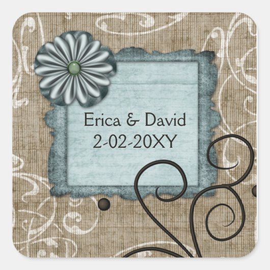 Blauw huwelijkslabel vierkante sticker (Voorkant)