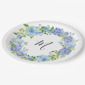 Blauw Hydrangea Aquarel Bloem Monogram Papieren Bordje (Gekanteld)