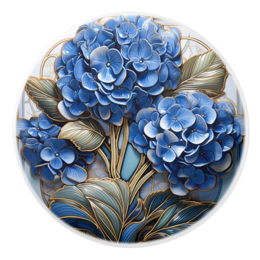 Blauw Hydrangea Bloem 3D Effect Keramische Knop (Voorkant)
