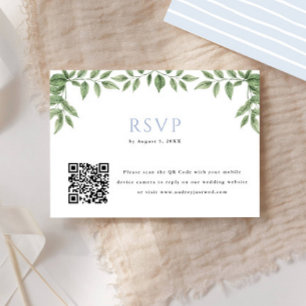 Blauw Hydrangea Leaf QR Code Huwelijksantwoord RSVP Kaartje