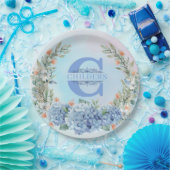 Blauw Hydrangea Monogram Papier Bord (Feest)