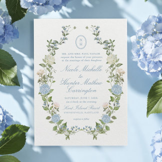 Blauw Hydrangea Monogram Wapen Huwelijksuitnodigin Kaart