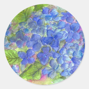 Blauw Hydrangea Waterverf Bloemen Schilderen Ronde Sticker