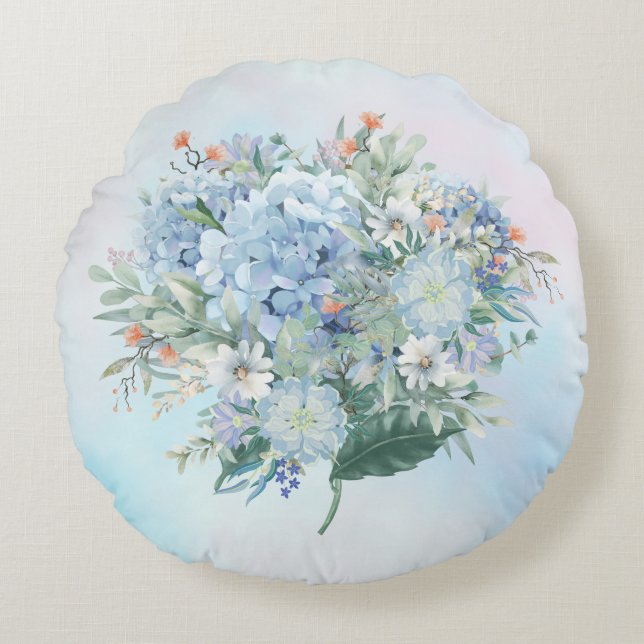 Blauw Hydrangea Waterverf Rond Kussen (Voorkant)