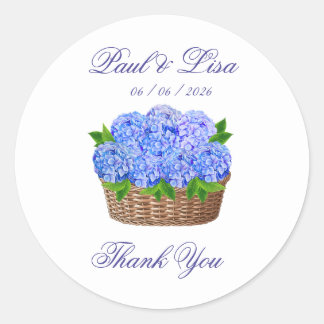 Blauw Hydrangeabloem Boeket Monogram Trouwgunst Ronde Sticker