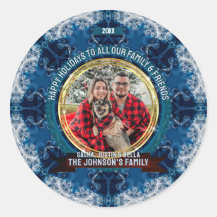 Blauw Ijs Geometrie Aangepaste Foto Vakantie Groet Ronde Sticker