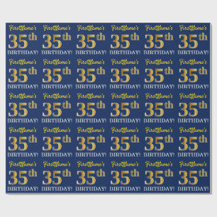 Blauw, imitatie Gold look "35th BIRTHDAY" Cadeaupapier