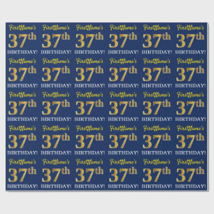 Blauw, imitatie Gold look "37th BIRTHDAY" Cadeaupapier