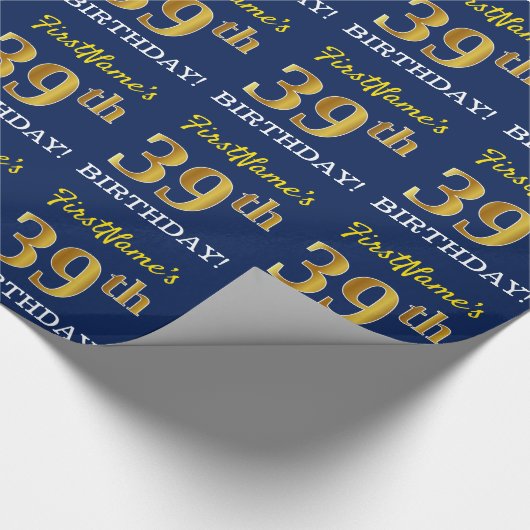 Blauw, imitatie Gold look "39th BIRTHDAY" Cadeaupapier (Hoek)