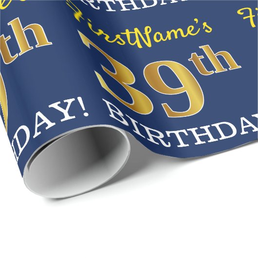 Blauw, imitatie Gold look "39th BIRTHDAY" Cadeaupapier (Rol Hoek)