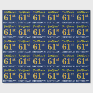 Blauw, imitatie Gold look "61st BIRTHDAY" Cadeaupapier