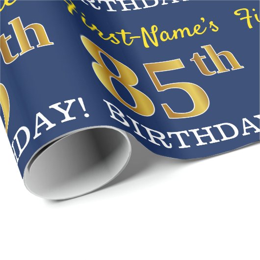 Blauw, imitatie Gold look "85th BIRTHDAY" Cadeaupapier (Rol Hoek)