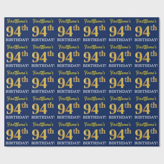 Blauw, imitatie Gold look "94th BIRTHDAY" Cadeaupapier (Vlak)