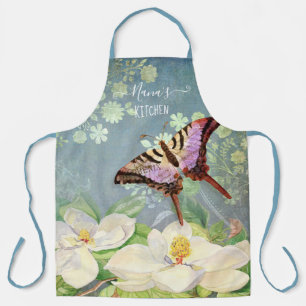 Blauw in witte Waterverf Magnolia Floral Butterfly Schort