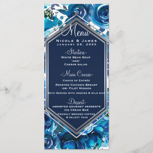 Blauw Indigo Bloemen Elegant Bruiloft Menu (Voorkant)