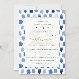 BLAUW INDIGO WATERVERF STIPPEN BBT BAR MITZVAH INV BEDANKKAART