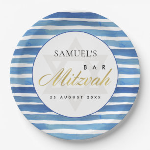 BLAUW INDIGO WATERVERF STRIPES BAR BBT MITZVAH PAPIEREN BORDJE