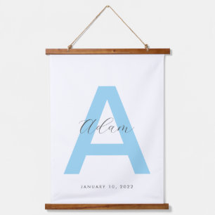 Blauw Initiaal naam gepersonaliseerd Hangend Wandkleed