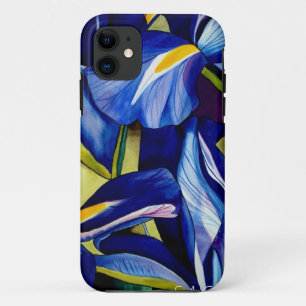 Blauw Iris bloemschilderij, originele waterverf iPhone 11 Hoesje