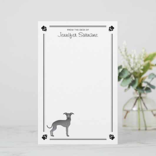 Blauw Italiaans grijnshond met poten en aangepaste Briefpapier (Staand voorkant)