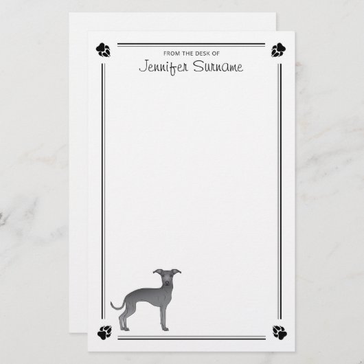 Blauw Italiaans grijnshond met poten en aangepaste Briefpapier (Voorkant / Achterkant)