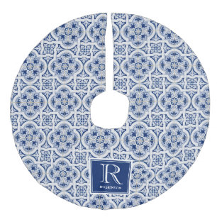 Blauw Italiaans Tegel Patroon, Monogram Imitatie Linnen Kerstboom Kleed