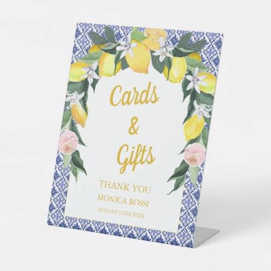 Blauw Italiaans Tegels Citroen Vrijgezellenfeest K Reclamebord Met Voetstuk (Voorkant)