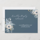 Blauw & Ivoor Bloemen Bruiloft Kaart (Achterkant)