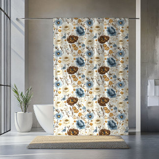 Blauw Ivoor Bloemstof Blauw Bruids Geschenk Gordij Douchegordijn