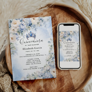 Blauw & Ivoor Bloemstuk Quinceañera Kaart