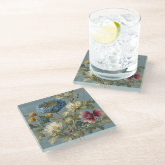 Blauw & Ivoorkleurige Bloem Glas Onderzetter Vinta
