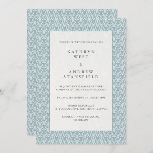 Blauw Japans Seigaiha Wave Pattern Weddenschap Kaart (Voorkant / Achterkant)