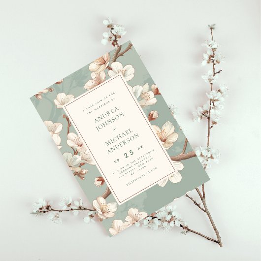 Blauw |  Japanse kersenbloesem bruiloft Kaart