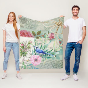  blauw Jay Bird Roze Rose Floral Collage Fleece Deken