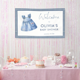 Blauw Jean Denim Gingham Meisje Welkom Baby Shower Spandoek