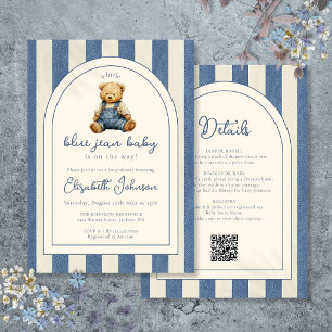 Blauw Jean Denim Teddybeer QR Code Baby Shower Uit Kaart