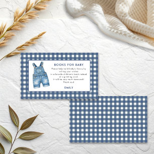 Blauw jeans overall met gingham jongensboeken voor informatiekaartje