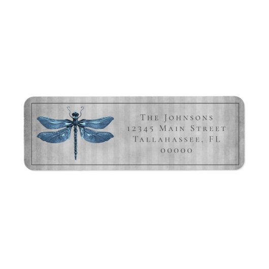 Blauw Jeweled Dragonfly Bruiloft Etiket (Voorkant)