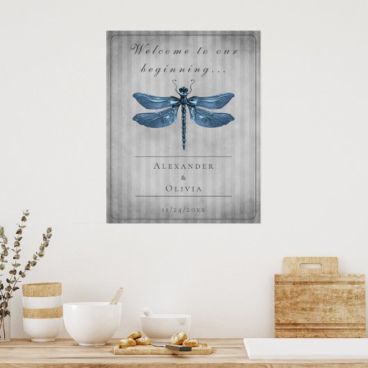 Blauw Jeweled Dragonfly Bruiloft Welkom Poster (Keuken)
