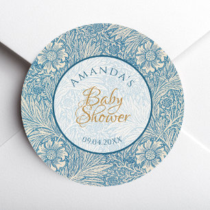 Blauw Jongens Baby Shower Bloemig Schrift Marigold Ronde Sticker