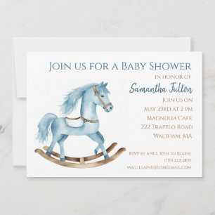 Blauw jongens schommelpaard babyshower uitnodiging