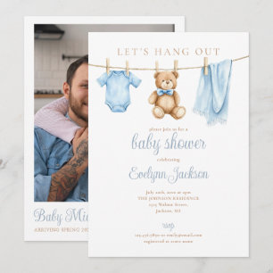 Blauw jongenskledinglijn Babyshower Foto QR-code Kaart