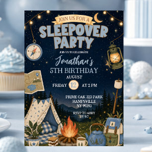 Blauw kampeer slaapfeest verjaardag kaart